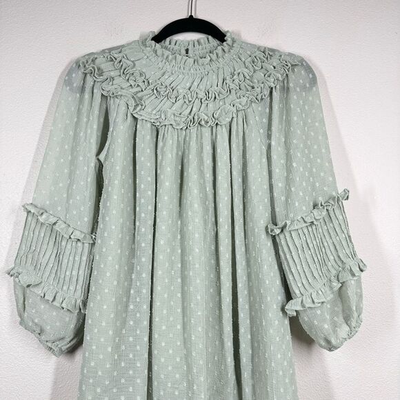 Zara Kids Girls Soft Green Swiss Dot Short Sleeve Ruffle Tiered Dress Size 10 - Picture 2 of 8